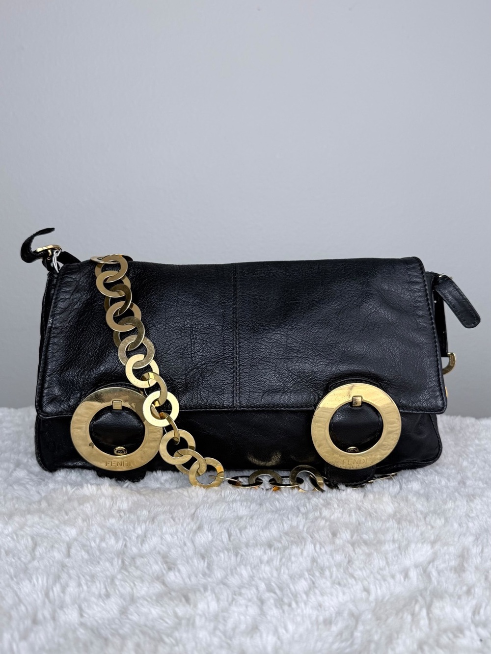 FENDI Black Leather Shoulder Bag with Gold Chain Accent